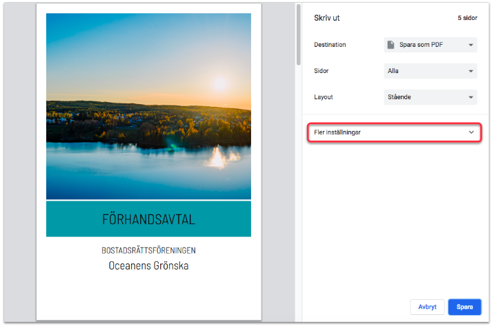 Avtal utskrift fler inställningar