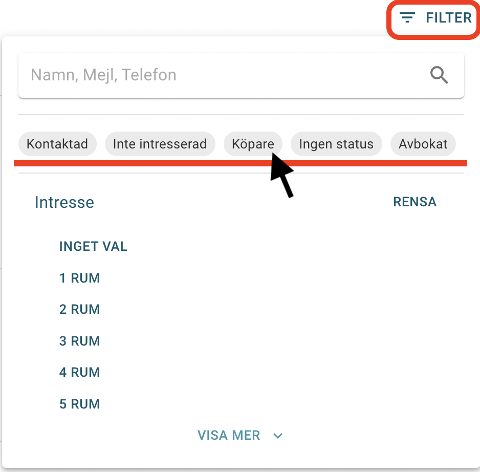 Intressentlista filtrera på status