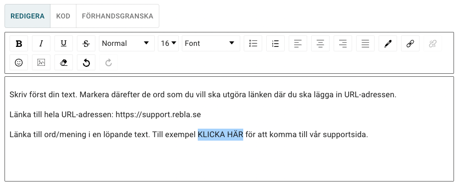 Markera texten som ska utgöra länken