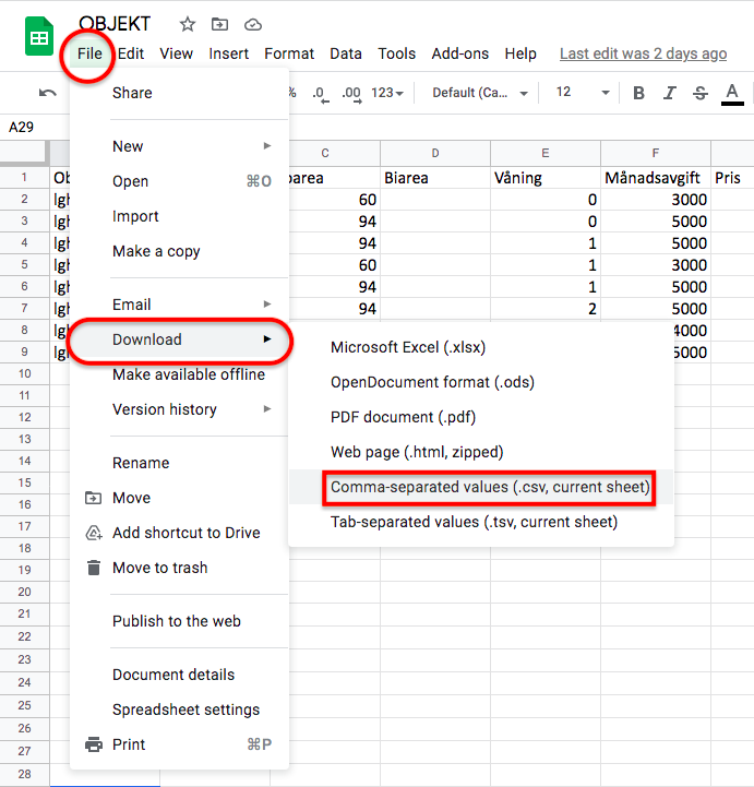 Exportera CSV från Google sheets