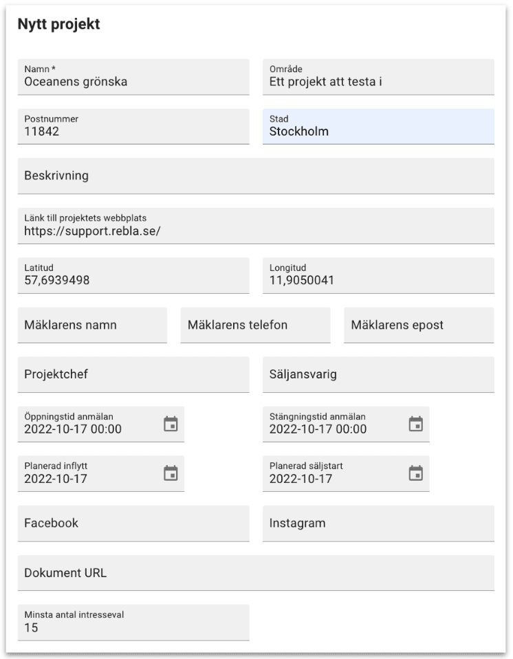 Nytt projekt exempel på ifyllnad