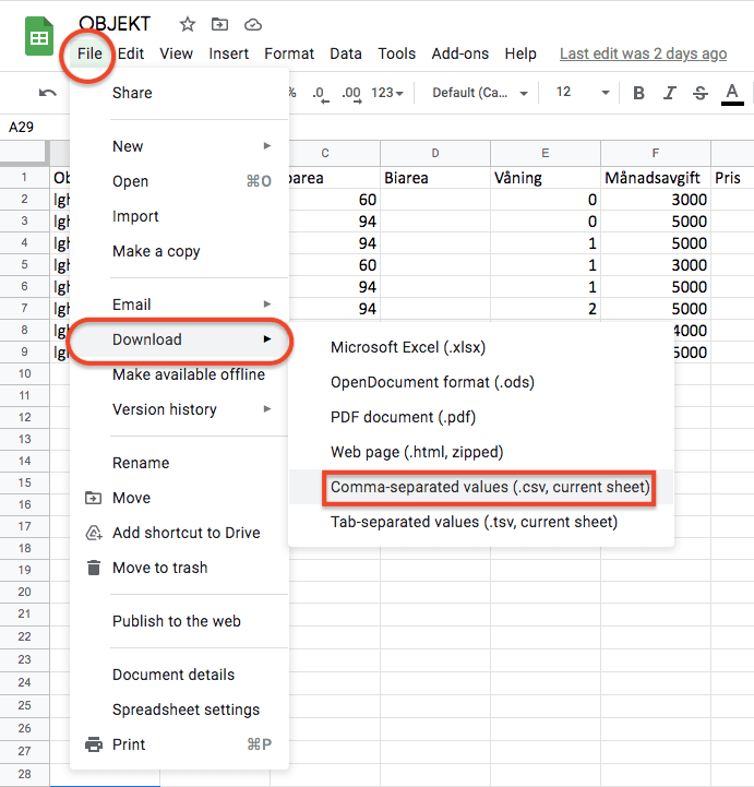 Exportera CSV från Google sheets