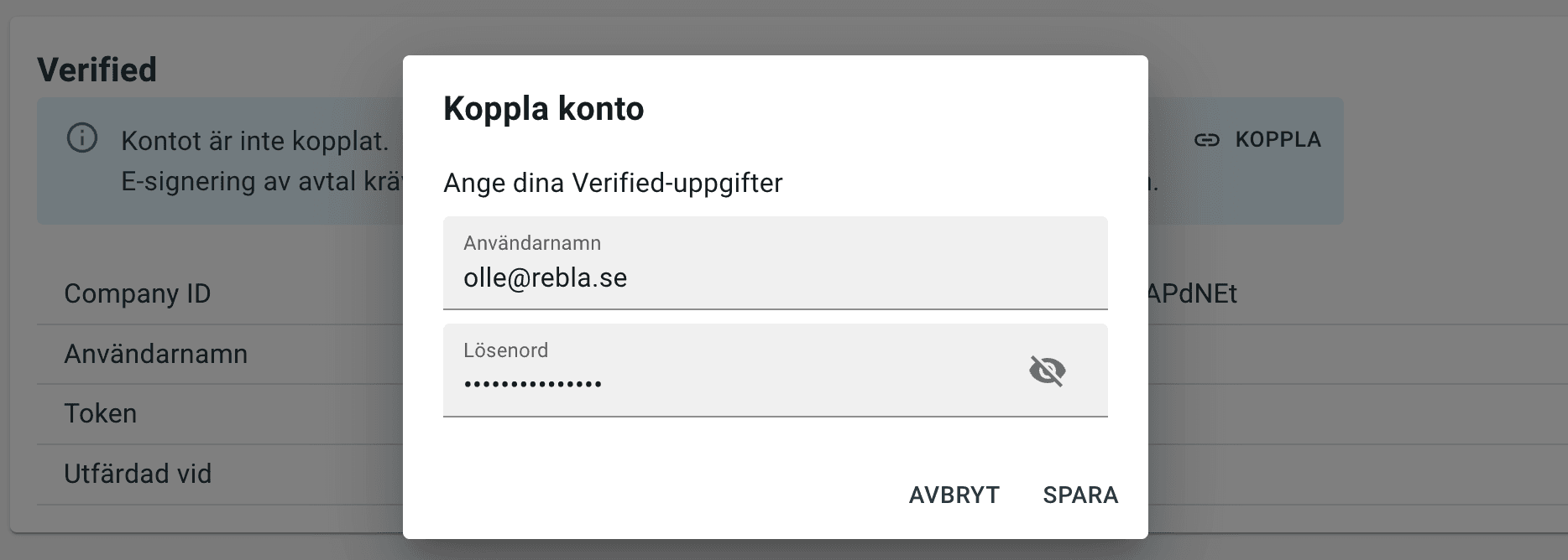 Verified account link dialog