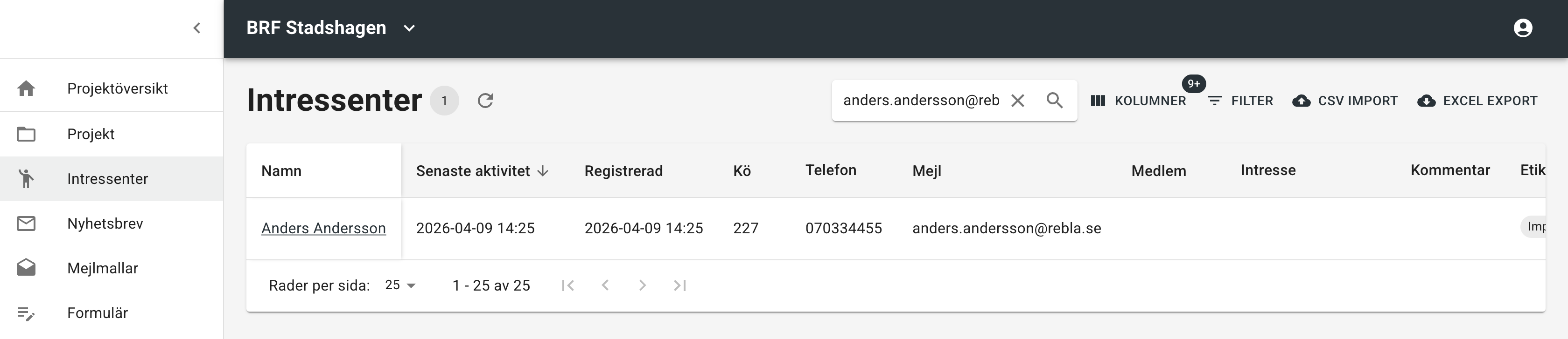 Sökning i intressentlistan