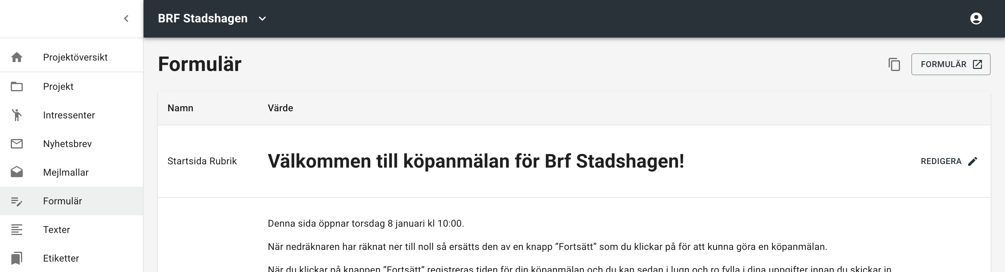 Redigerbara avsnitt i formuläret
