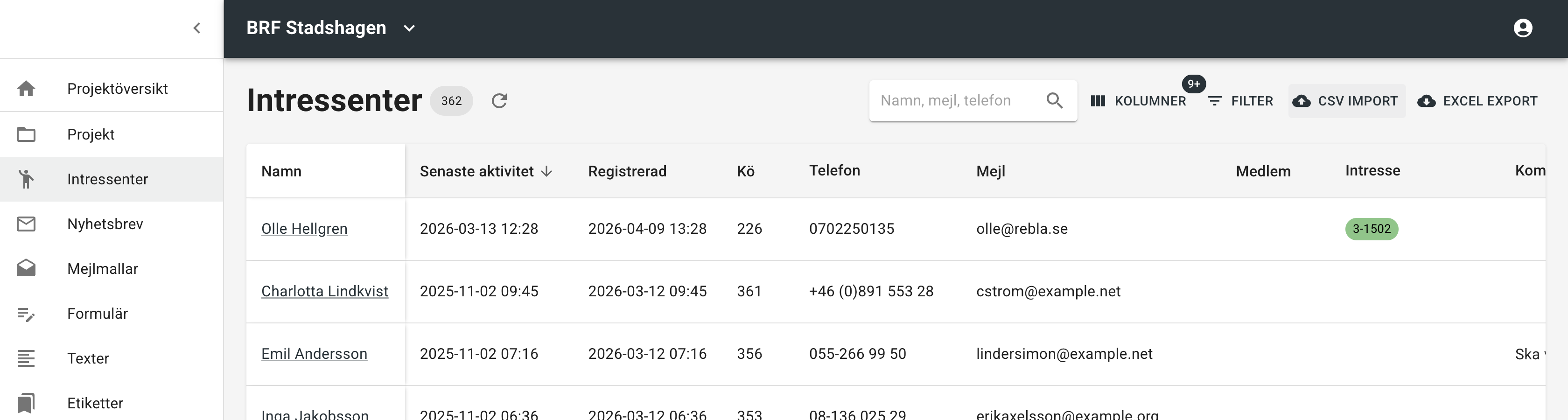 CSV-importknappen på intressentsidan