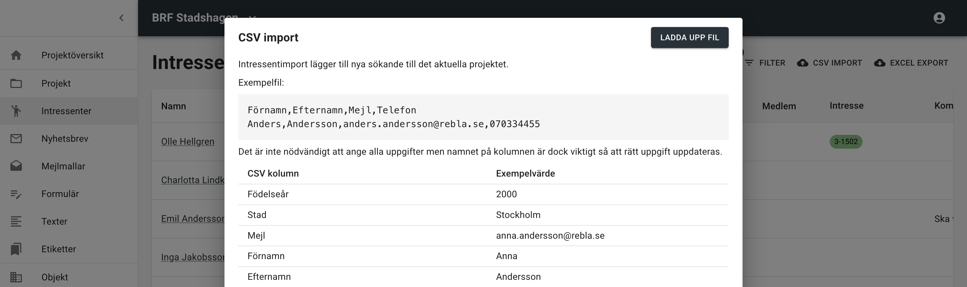 Dialog för CSV-import