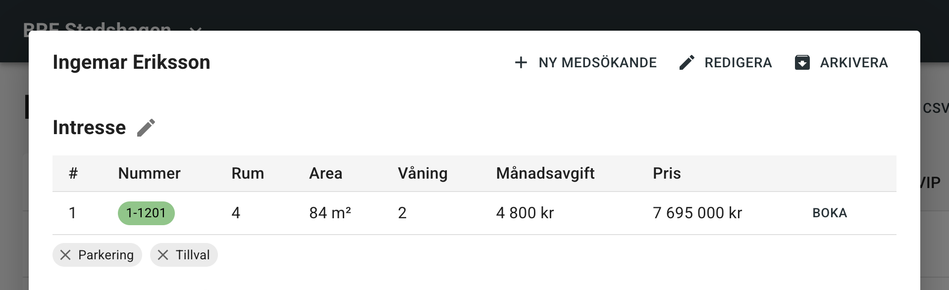 Intressentsidan med sektionen Intresse