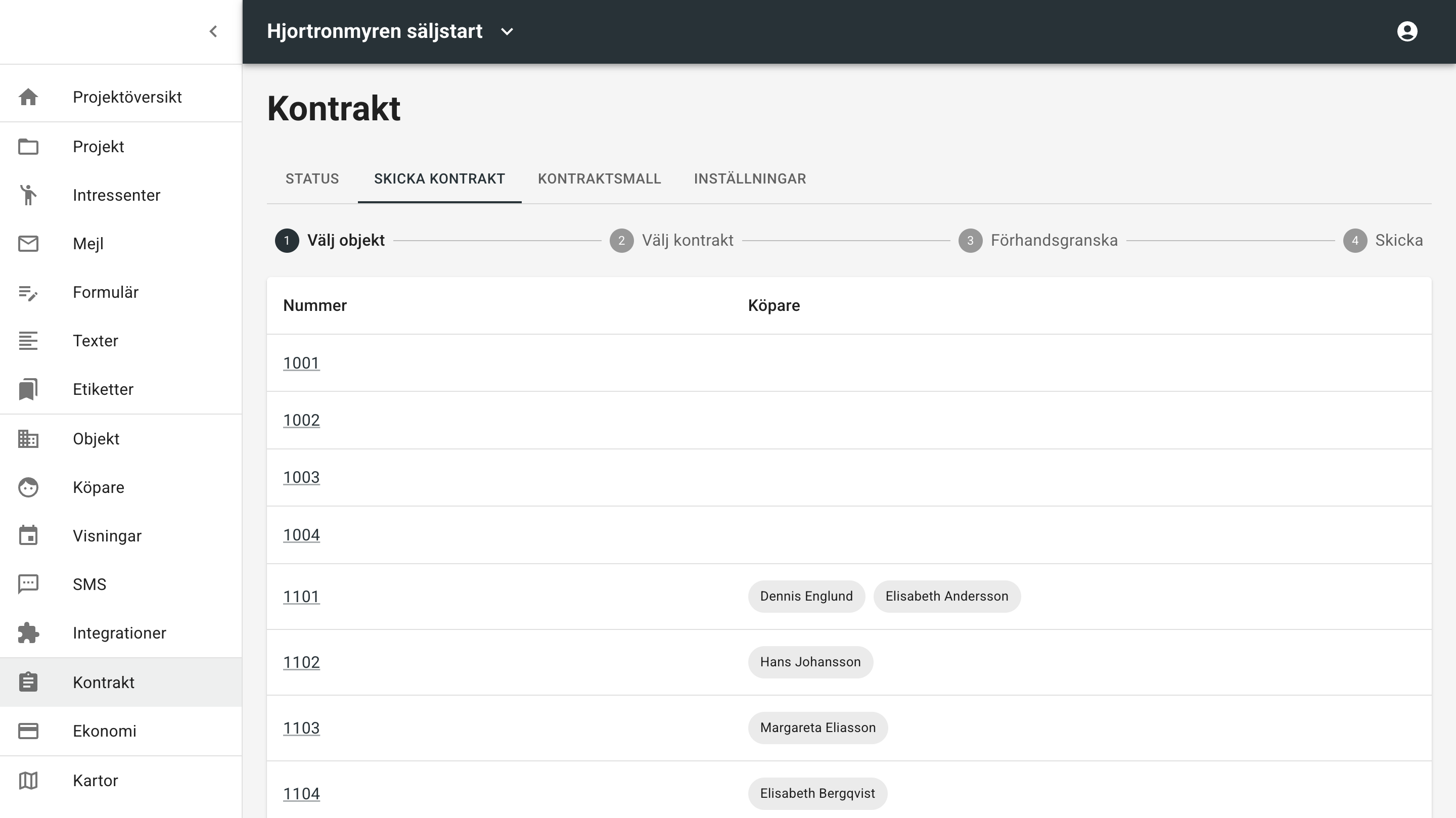 Skicka kontrakt välj objekt
