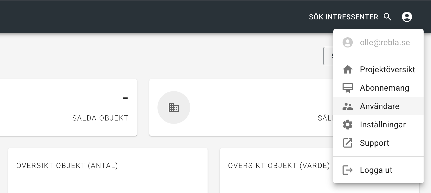 Användarmeny dropdown